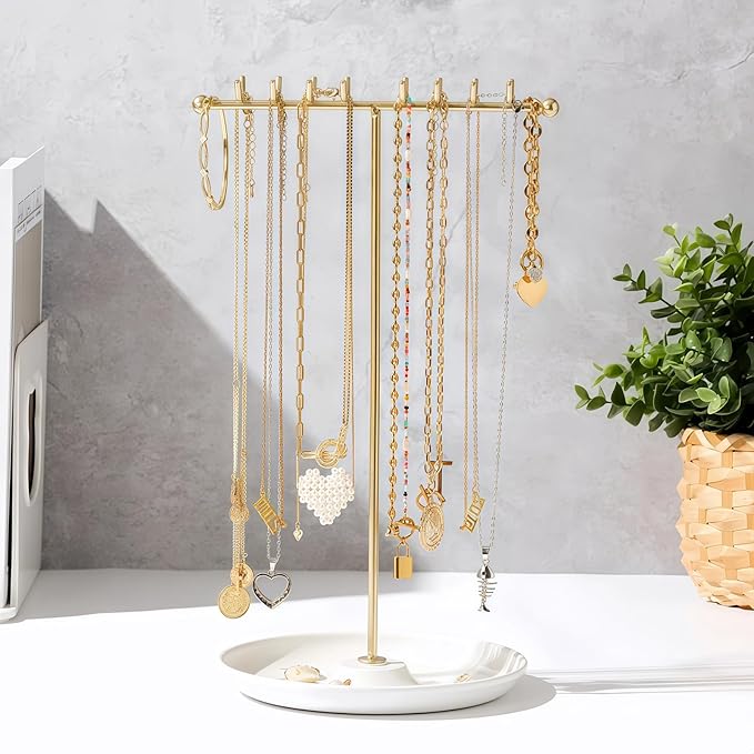 Necklace Holder Stand Organizer with Tray - Gold Jewelry Organizer with 16 Hooks Necklace Tree, Small Necklace Hanger & Ring Holder, Multifunctional Storage Earrings, Lipstick, Watches