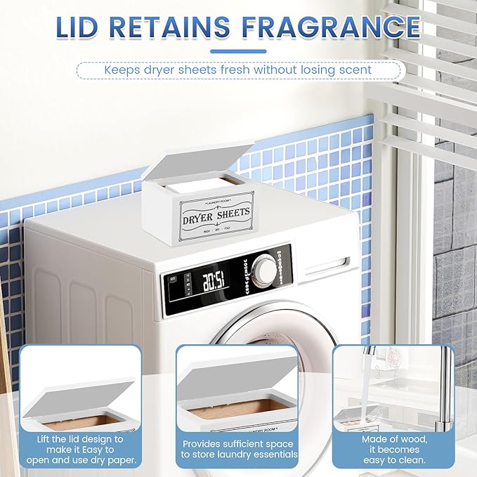 Dryer Sheet Holder with Lid, Wooden Laundry Room Organization and Storage, Large Capacity Softener Sheets Dispenser, Fabric Softener Container for Laundry Room Bathroom (White)