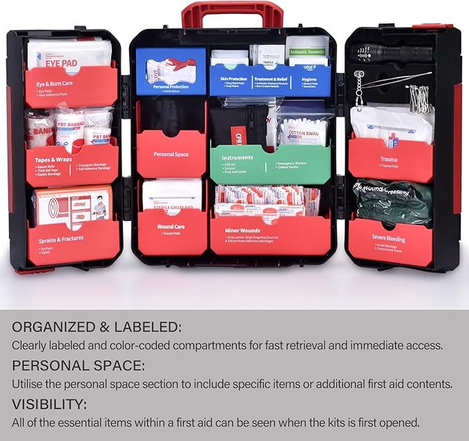 Hard Case First Aid Kit 408 Pcs - Wall Mountable Trauma Kit for Car, Home, Office & Truck - Comprehensive Large First Aid Supplies with Color-Coded Labelled Compartments