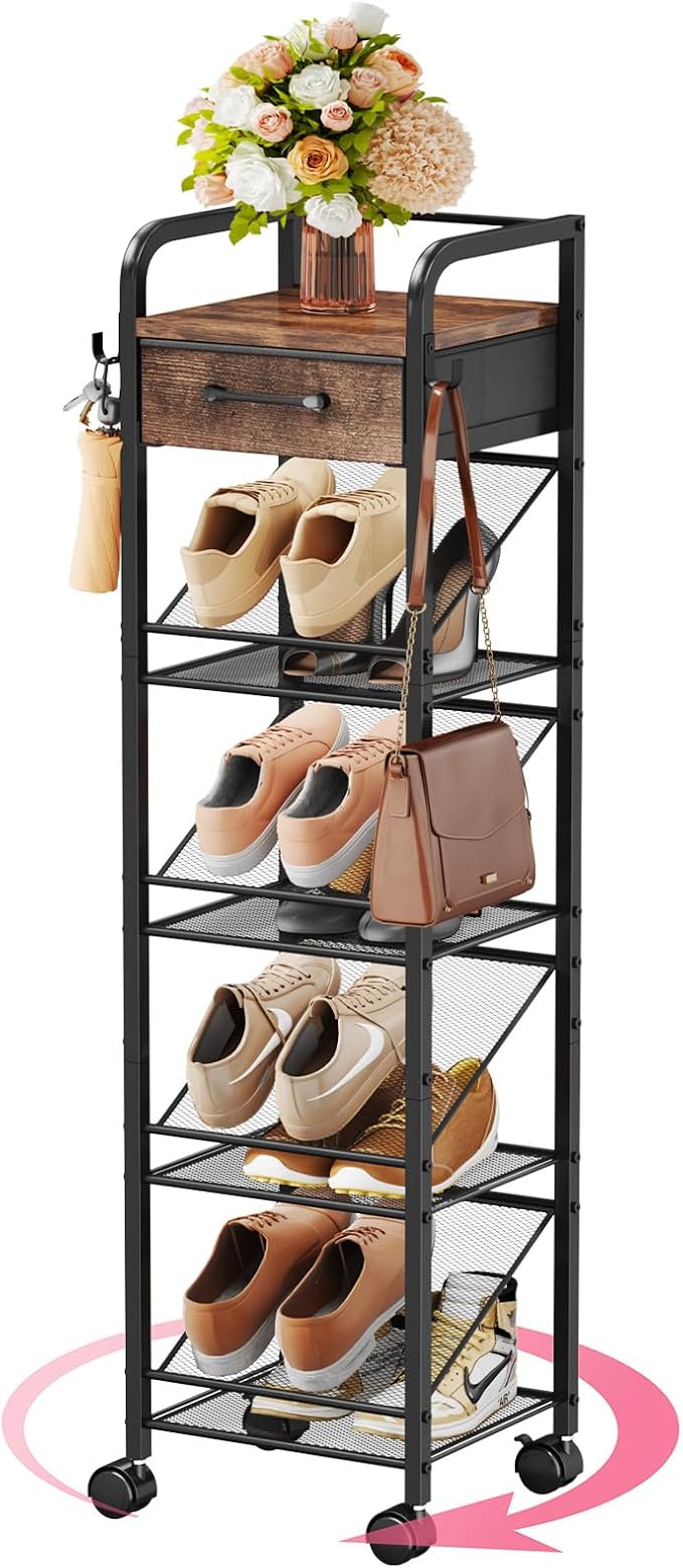 SWTYMIKI Rolling Vertical Shoe Rack - Shoe Tower with Drawer and Hooks, Shoe Storage Organizer for Entryway Closet Bedroom, Space-Saving Wood and Metal Narrow Shoe Shelf, Espresso