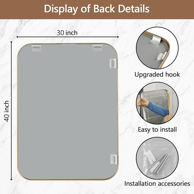 Gold Mirror, 40x30 Inch Framed Rectangle Mirror with Rounded Corner, Brushed Brass Mirror, Gold Bathroom Mirror for Over Sink, Vanity, Living Room, Bedroom, Horizontal/Vertical