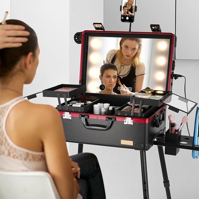 20" Aluminum Ligthed Makeup Train Case with LED Lights Professional Cosmetic Organizer Studio with Speaker, Wheels and Stands Rolling Trolley Makeup Vanity Station for Travel (Black)