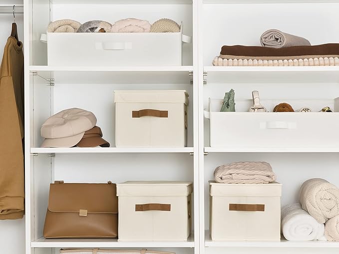 StorageWorks Storage Basket with Lid, Decorative Storage Boxes with PU Handles, Stackable Fabric Storage Bins for Closet, Shelves, Ivory, Large, 3-Pack