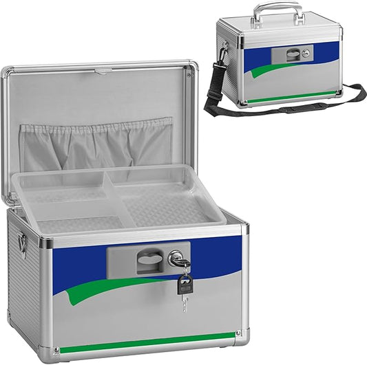 Medicine Lock Box for Safe Medication - 15 x 8.7 x 9.4 Inches - Lockable Storage Box for Drugs, First Aid Kit Empty, Lock Boxes with Key for Home/Outdoor (Blue/X-Large)
