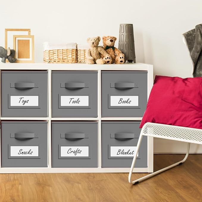 10 Pcs Fabric Storage Cubes with Labels 11 Inch Collapsible Cube Organizer Baskets with Window Cards for Shelf Nursery Clothes Book Toys Storage Bin(Gray)