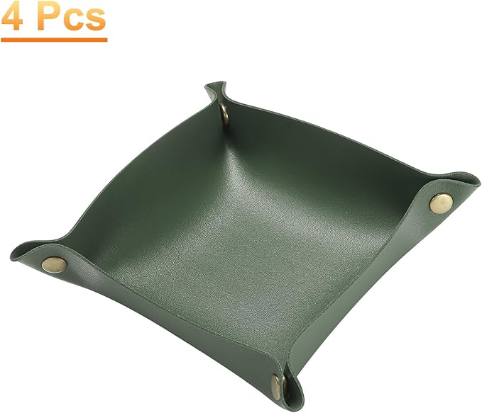 HARFINGTON 4pcs PU Leather Valet Tray Unisex Folding Small Catchall Tray Portable Entryway Table Tray Nightstand Bedside Desk Tray for Key Wallet Watch Coin Jewelry Dice, Green