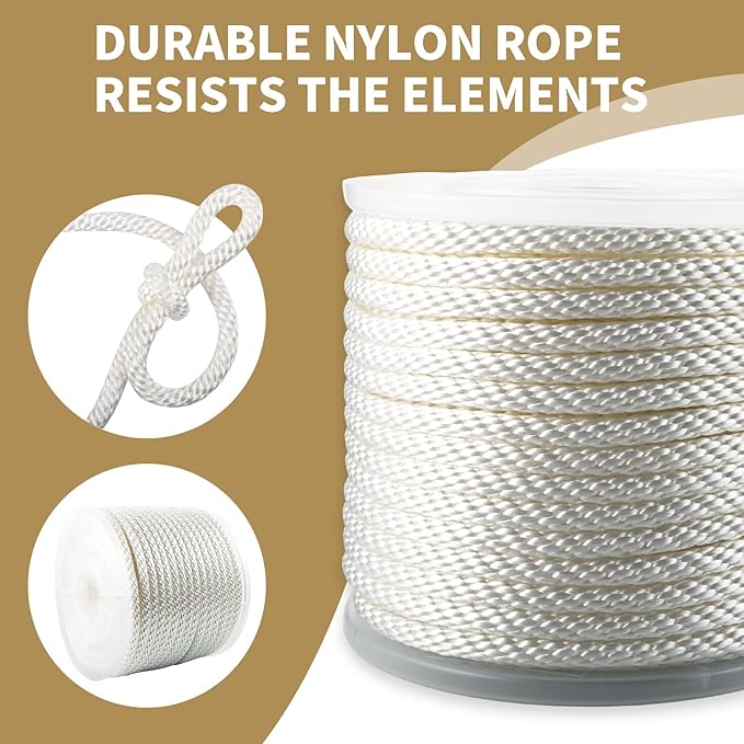 3/8 Inch 200ft White Nylon Solid Braid Rope| High UV & Abrasion Resistance| Industrial Grade, Low Stretch| Multipurpose for Flag Poles, Clotheslines