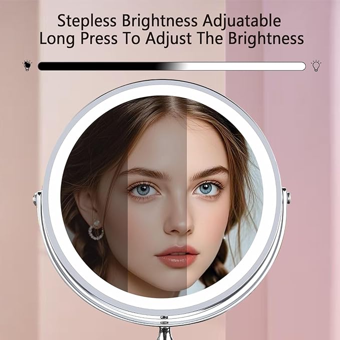 Makeup Mirror with Lights ，8 Inch 1X/10X Rechargeable Double Sided Magnifying, 360° Rotation LED HD Mirror with 3 Colors，Brightness Adjustable, Gifts for Wowen & Men
