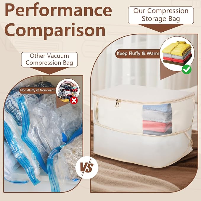 Comforter Storage Bag, Large Capacity Blanket Storage Bags with Visual Window, Ultra Space Saving Self Compression Organizer, Washable Compression Bag for Down Jacket, Pillow, Bedding 2-Pack 40L Beige