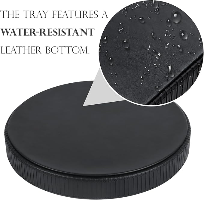 HofferRuffer Round Decorative Tray, Faux Leather Vanity Tray Decor, Decorative Catchall for Perfume, Bathroom Valet, Nightstand or Dresser (Black Stripe, Round-12" x 12" x 1.6")