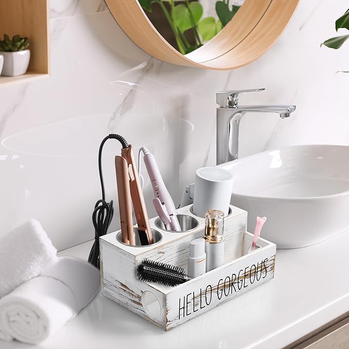 Bivvclaz Hair Tool Organizer, Rustic White Wood Hair Dryer Holder Countertop, Wall Mount Hot Tools Organizer for Hair Styling Accessories, Bathroom Supplies Vanity Caddy for Curling Wand, Blow Dryer