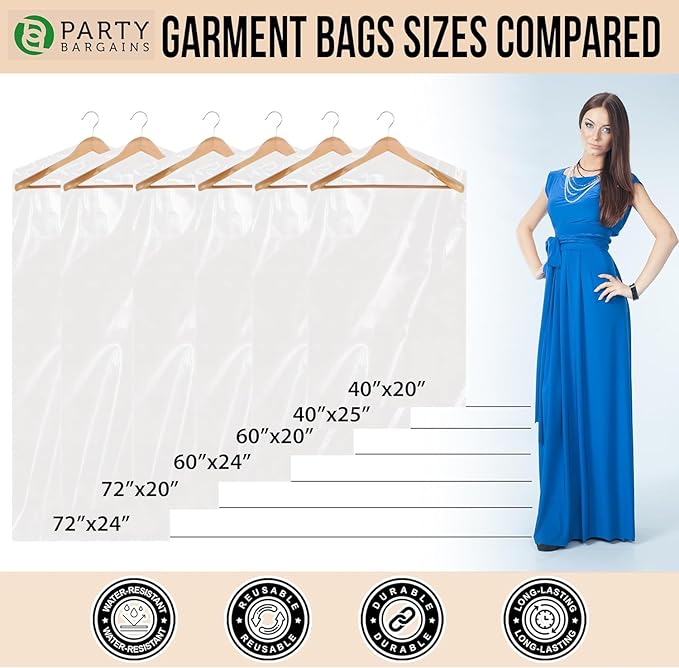 PARTY BARGAINS 60 x 24 Inch Disposable Clear Garment Bags, 100 Pack – Heavy-Duty Plastic Clothes Covers for Suits Dresses Coats, Closet & Travel