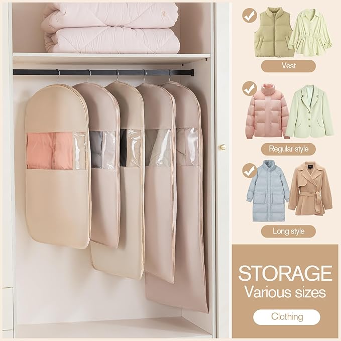Gusseted Garment Bags for Hanging Clothes Suit Bags for Open Closet Storage, Side Clear Clothing Cover for Coat, Dress, Jacket, Shirt, Fur Wardrobe Protector, (ecru, 35 inch)