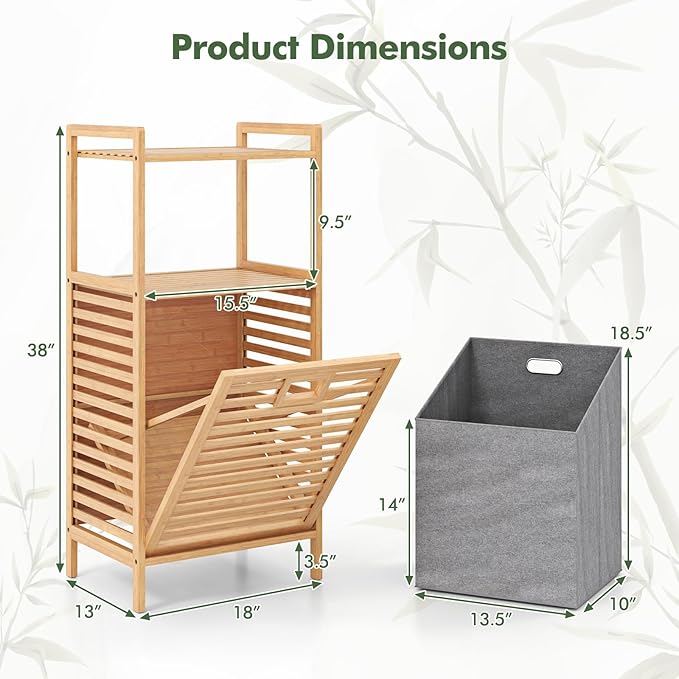 Giantex Tilt Out Laundry Hamper, Bamboo Laundry Storage Cabinet w/ 2-Tier Storage Shelves, Foldable & Removable Basket, Freestanding Laundry Basket Organizer for Bathroom Laundry Room Bedroom