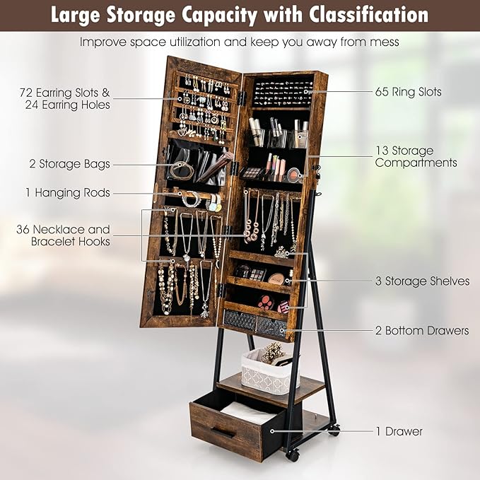 CHARMAID Rolling Jewelry Cabinet with Full Length Mirror, Lockable Standing Jewelry Armoire with Wheels, Steel Legs, Lipstick Brush Storage, Jewelry Organizer Box with Drawers (Rustic Brown)