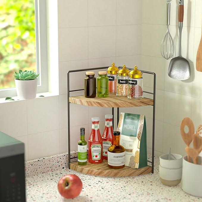 2 Pack Bathroom Counter Organizer, 2 Tier Corner Bathroom Counter Organizer Wooden Vanity Organizers for Bathroom Organizers and Kitchen Storage Dresser Decoration