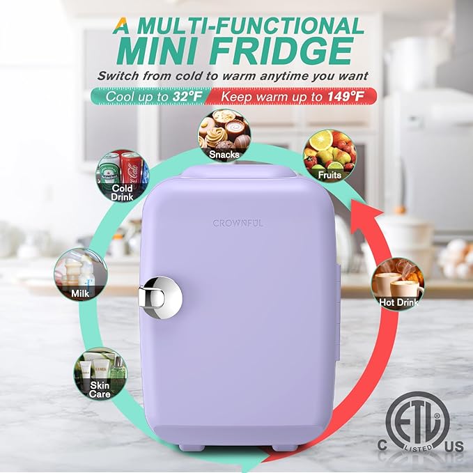CROWNFUL Mini Fridge, 4 Liter/6 Can Portable Cooler and Warmer Personal Refrigerator for Skin Care, Cosmetics, Beverage, Food,Great for Bedroom, Office, Car, Dorm(Purple)