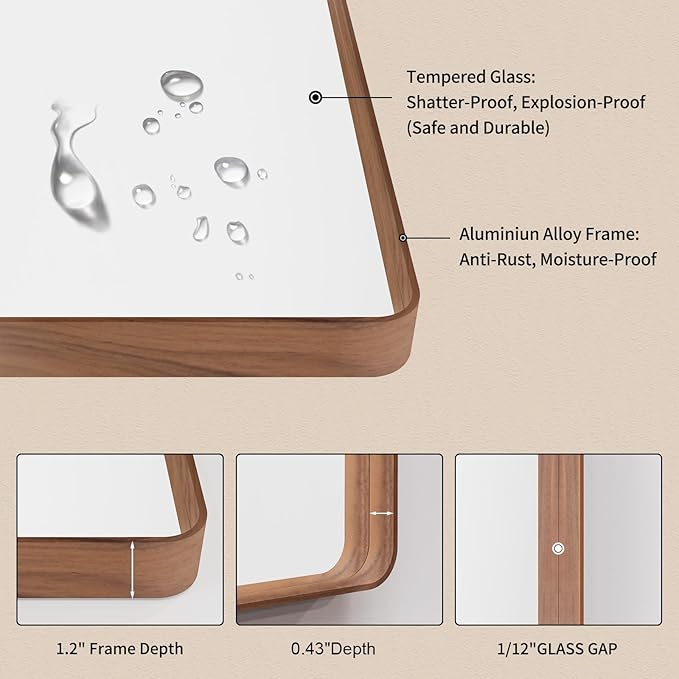 LOAAO 55X30 Inch Bathroom Mirror with Wood Grain Colored Metal Frame, Rounded Rectangle Metal Framed Bathroom Mirror, Anti-Rust, Hangs Horizontally or Vertically, Tempered Glass