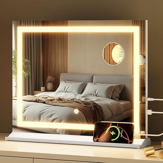 Vanity Mirror with Lights, 23"x 18" Makeup Mirror with 3 Color Modes 5X Magnification & USB/Type-C Charging Port, Large LED Mirror for Bedroom Tabletop & Wall Mounted