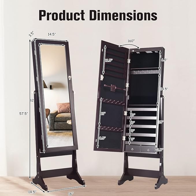 COSTWAY Standing Mirror Jewelry Cabinet, Large Storage Jewelry Organizer w/Full Length Mirror, 4 Adjustable Angles & 2 LED Lights, Lockable Jewelry Armoire for Women Girls, Brown