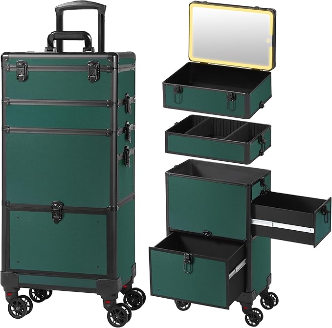 Makeup Train Case with LED Mirror, Rolling Makeup Case with Drawers, Cosmetology Case on Wheels, Gift, Travel Makeup Organizers, Profesional Cosmetic Case for Salon Barber,Nail,Tattoo,Green