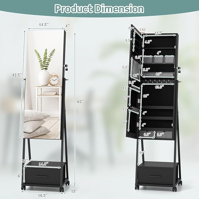 CHARMAID Rolling Jewelry Cabinet with Full Length Mirror, 62'' Floor Standing Jewelry Armoire with Wheels and Metal Frame, Lockable Jewelry Organizer with Large Storage Drawer (Black)
