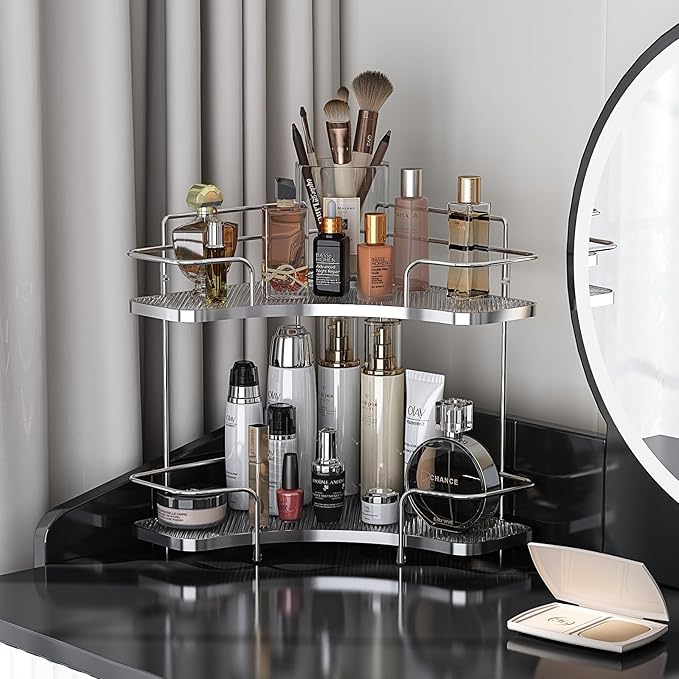 FOLLOWIN 2 Tier Bathroom Countertop Corner Organizer,Countertop Perfume Tray,Vanity Counter Shelf,Skincare Makeup Cosmetic Vanity Organizers,Silver