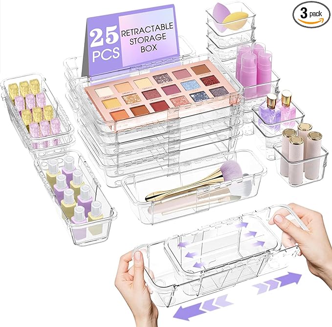 25 Pcs Extendable Clear Drawer Organizer, Adjustable Vanity Storage Box, 3-Size Desk Drawer Organizer, Non-Slip Storage Bins for Cosmetics, Jewelries, Stationeries, Tools, Cutleries, Toiletries