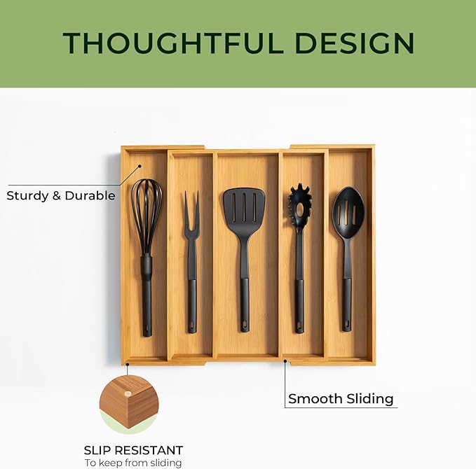 Carbonized Bamboo Kitchen Drawer Organizer, 5 Slots Expandable Silverware Organizer, Utensil Holder & Cutlery Tray, 2.2" Deep for Extra Capacity, Non-Slip Feet Included