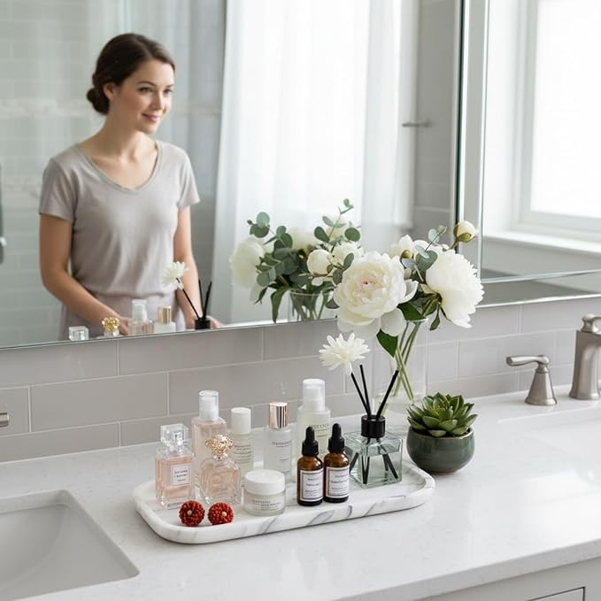 Marmor Real Natural Marble Bathroom Tray for Perfume, Candles, Jewelry Stone Vanity, Bathroom & Kitchen Counter Organizer and Home Decor Statuario White（11.41 * 5.51 * 0.7）