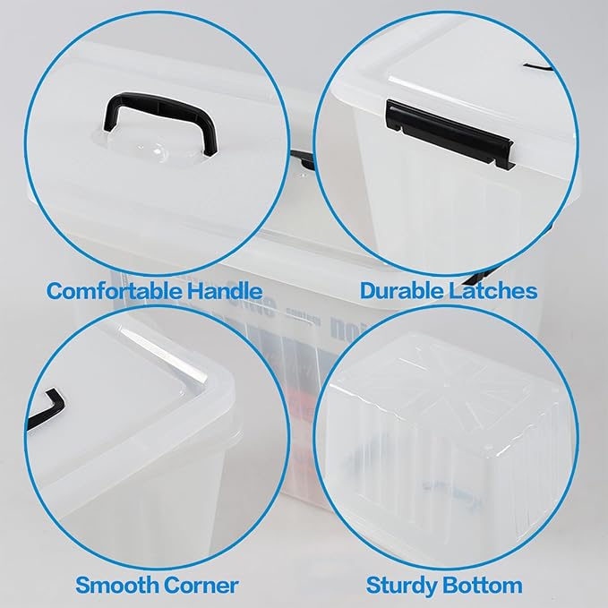 20 L Clear Storage Box with Handle, Plastic Latching Organizing Bin, 4 Pack