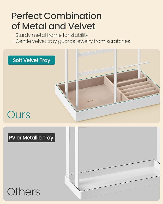 SONGMICS Jewelry Holder, Jewelry Organizer, Jewelry Display Stand with Metal Frame, Velvet Tray, Necklace Earring Bracelet Holder, for Studs, Rings, Gift Idea, Matte White UJJS028W01