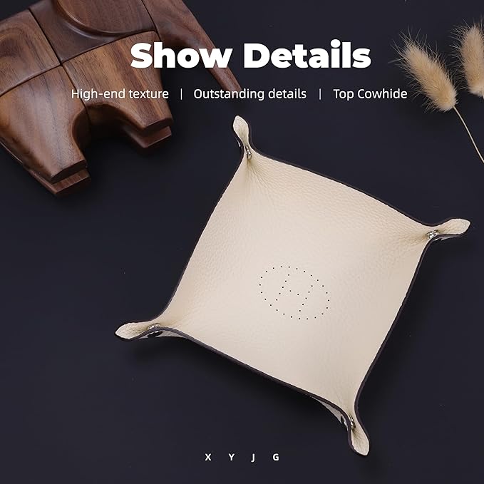 Genuine Cowhide Leather Desktop Storage Organizer - Bedside Vanity Tray with Phone, Wallet, Coin, Jewelry Holder