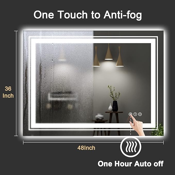 LED Bathroom Mirror, 48"X36" with Front and Backlit, Anti-Fog, Large Bathroom Vanity Mirror for Wall, Memory Function, Stepless Dimmable, Tempered Glass (Horizontal/Vertical)