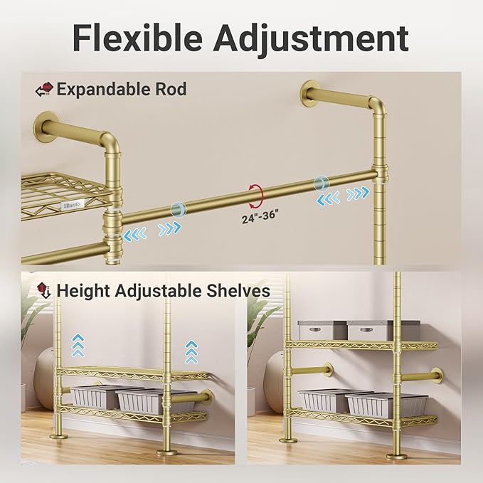 Timate F2 Industrial Pipe Clothes Rack Wall Mounted Clothing Rack for Hanging Clothes, Expandable Garment Rack Heavy Duty Wardrobe Closet Organizer and Storage, Adjustable Industrial Closet Kit, Gold