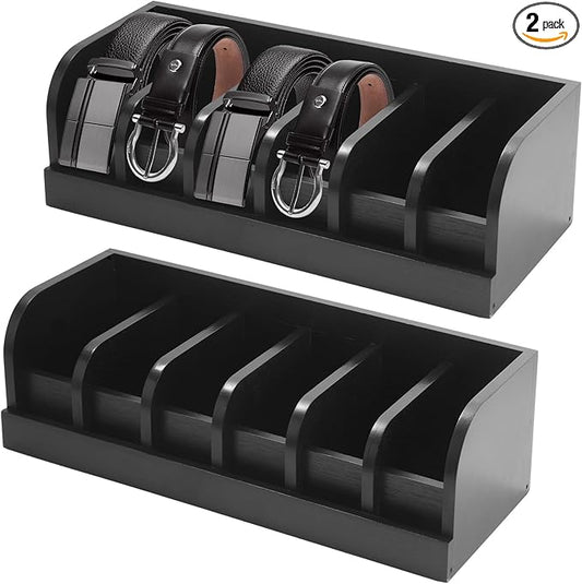 2 Pack Belt Organizer, 6 Compartment Bamboo Belt Organizer for Closet and Drawer, Display Case for Tie and Belt, Belt Holder Storage for Men Women, Black
