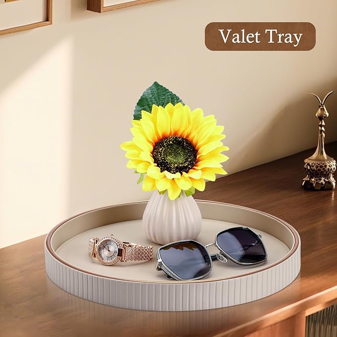 GORESE 12" Round Decorative Tray for Coffee Table, PU Leather Compact Serving Tray for Home Decor & Everyday Accents, Modern Nightstand Tray for Jewelry & Perfume, Beige