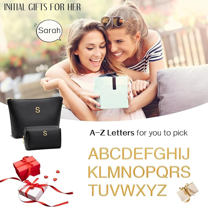 Valentine's Day Gifts for Women Girlfriend Initial Makeup Bag for Teen Girls Personalized Gifts for Friend Teacher Mom Wife Cosmetic Travel Toiletry Bag(Black,A)