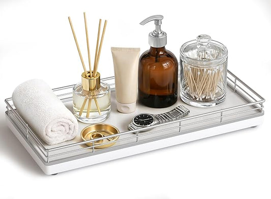 Bathroom Vanity Tray – 12" x 6" Oak Decorative Wooden Tray for Toilet Tank Organizer Wood Tray for Bathroom Countertop, Soap, Perfume & Accessories Storage, Vanity Dresser Decor, Sliver & White