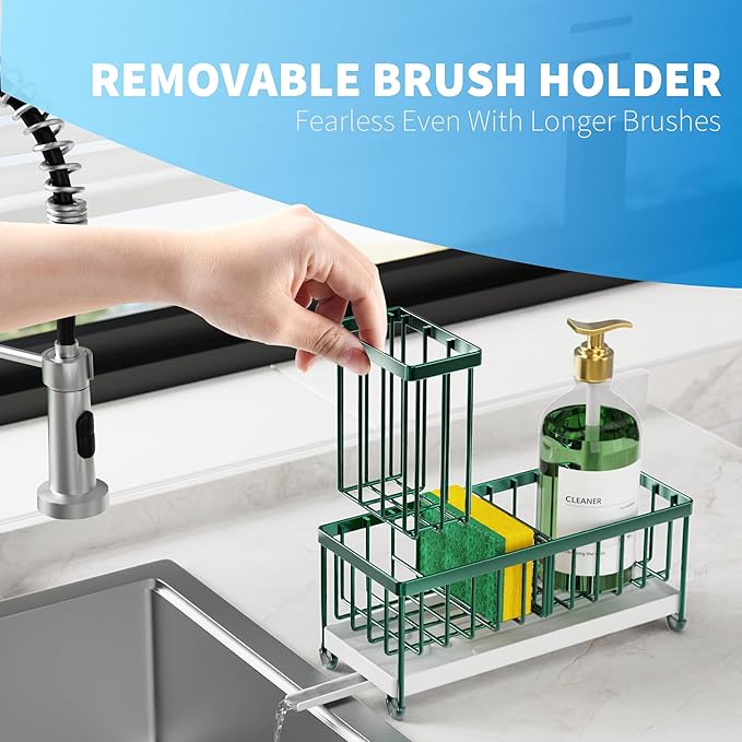 Cisily Sponge Holder for Kitchen Sink, Sink Caddy Organizer with High Brush Holder, Kitchen Countertop Organizers and Storage Essentials, Rustproof 304 Stainless Steel (Dark Green, 9.25″)