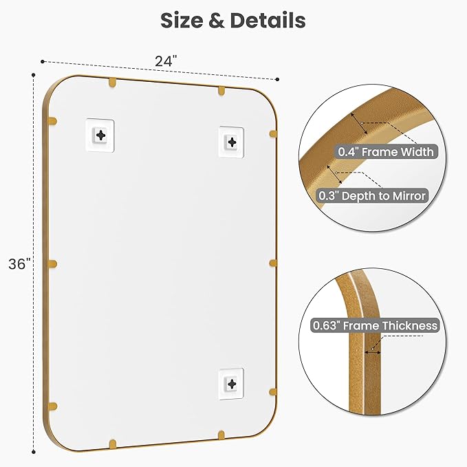 2 Pack Bathroom Mirrors for Over Sink, 24"x36" Gold Framed Vanity Mirror, Rounded Corner Rectangular Metal Mirror for Wall, Mid Century Modern Decor
