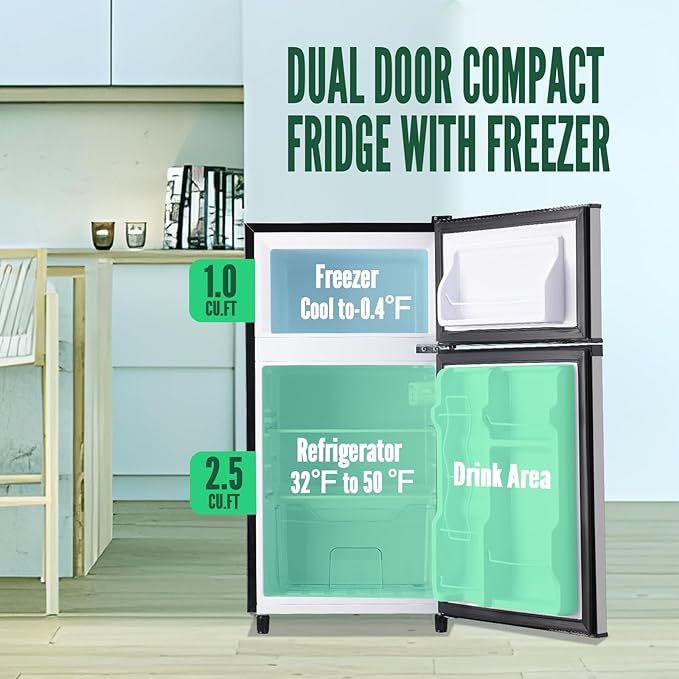 WANAI Mini Fridge with Freezer, 3.5 cubic feet 2- Doors Small Refrigerator Features 7 Gear Mechanical Control, Side Bottle Rack, Ideal for Dorm, Kitchen, Apartment, Office, Silver