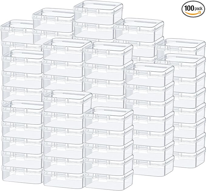SATINIOR 100 Pcs Clear Plastic Beads Storage Containers Box Small Clear Boxes with Hinged Lid Plastic Case Mini Square Arts Crafts Storage Organizers for Small Items(2.1 x 2.1 x 0.8 Inch)