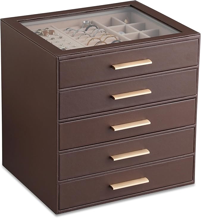 Frebeauty Clear Lid Jewelry Box,5-Layer Jewelry Organizer with Drawer,PU Leather Jewelry Organizers and Storage,Jewelry Boxes for Women,Jewelry Storage for Rings Earring Stud,Gift for Women(Brown)