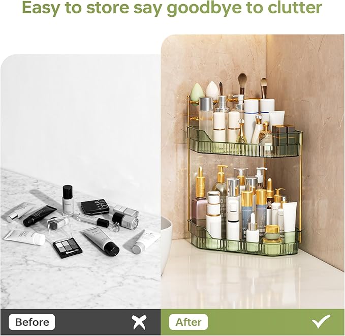 Corner Bathroom Counter Organizer with Makeup Brush Holder & Toothbrush Holders, Makeup Organizer for Vanity Countertop, Acrylic Skincare Storage Shelf (Green, 2-Tier)