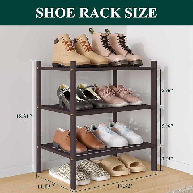 Smiry Small Bamboo Shoe Rack 3-Tier, Stackable Wooden Shoe Organizer for Entryway & Closet, Free Standing Wood Shoe Storage Shelf for Front Door & Small Spaces, Brown