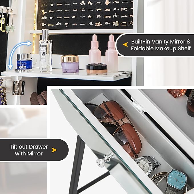 CHARMAID Jewelry Cabinet Armoire with Full Length Mirror, 3-Color Light Strips, Mirrored Tilt out Drawer, Lockable Standing Jewelry Organizer with Storage Shelves, Metal Stand (White)