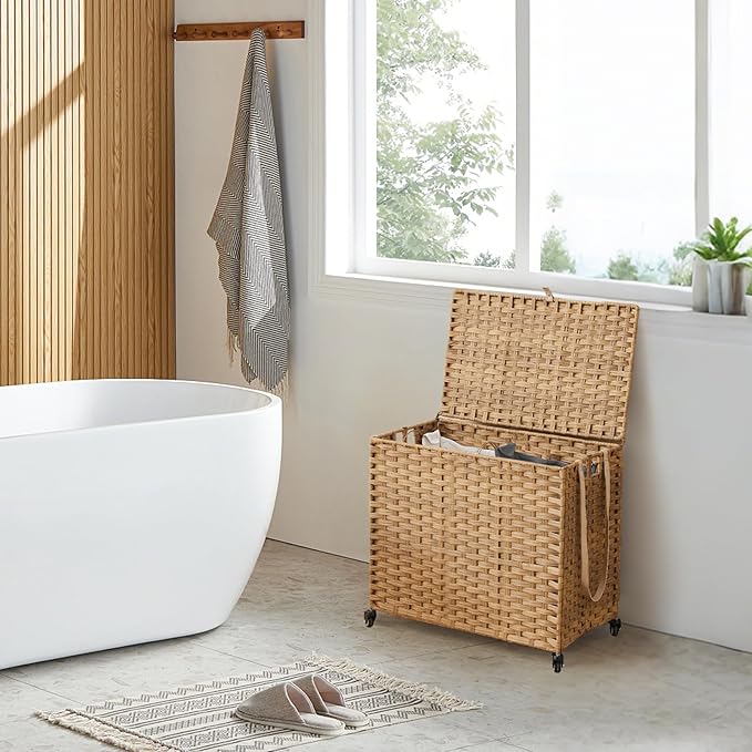 Laundry Hamper with Wheels, 34.3 Gallon(130L) Rolling Laundry Basket with Lid, Removable Large 2 Color Liners & 3 Mesh Laundry Bags, Clothes Hamper with Side Pocket, Natural