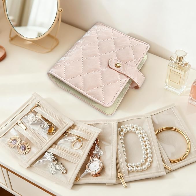 Velvet Travel Jewelry Organizer Book with Zipper Pouches – Anti-Tarnish, Scratch-Proof Jewelry Storage for Rings, Necklaces, Earrings, Bracelets – Portable Soft Case for Women (Pink)
