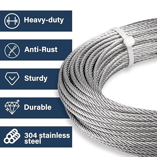 3/16 Wire Rope, 100ft Stainless Steel Cable with Wire Rope Clamps & Thimble, 3700lbs Breaking Strength, 7X19 Strands Aircraft Cable for Zipline, Deck Railing, Clothesline